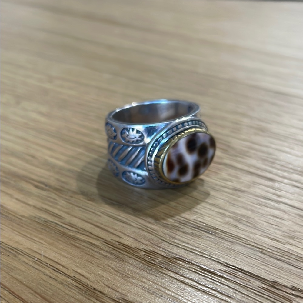 Jalan Jalan Dalmatian Jasper Silver and Gold Patterned Ring
